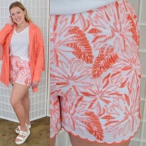 New White and Coral Maia 100% Cotton Embroidered High Waist Shorts